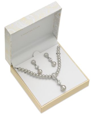 Photo 1 of Charter Club Cubic Zirconia and Imitation Pearl Lariat Necklace & Drop Earrings Gift Boxed Set, 