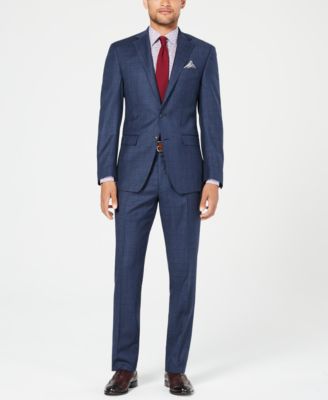 Tallia - Men's Slim-Fit Stretch Navy Plaid Wool Suit