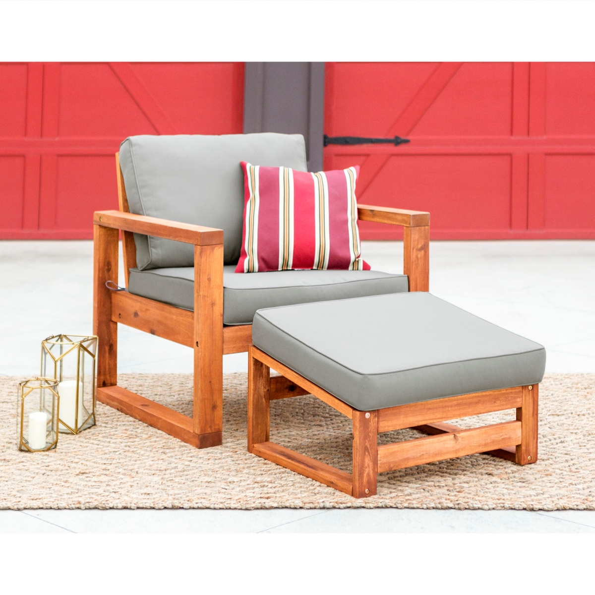 Outdoor Classic Contemporary Open Side Chair and Ottoman with Cushions -- Brown