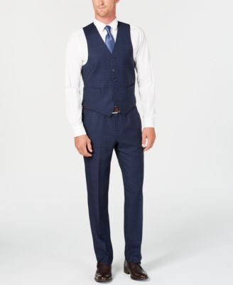 Michael Kors Men's Classic/Regular Fit Natural Stretch Navy Check Vested Wool Suit