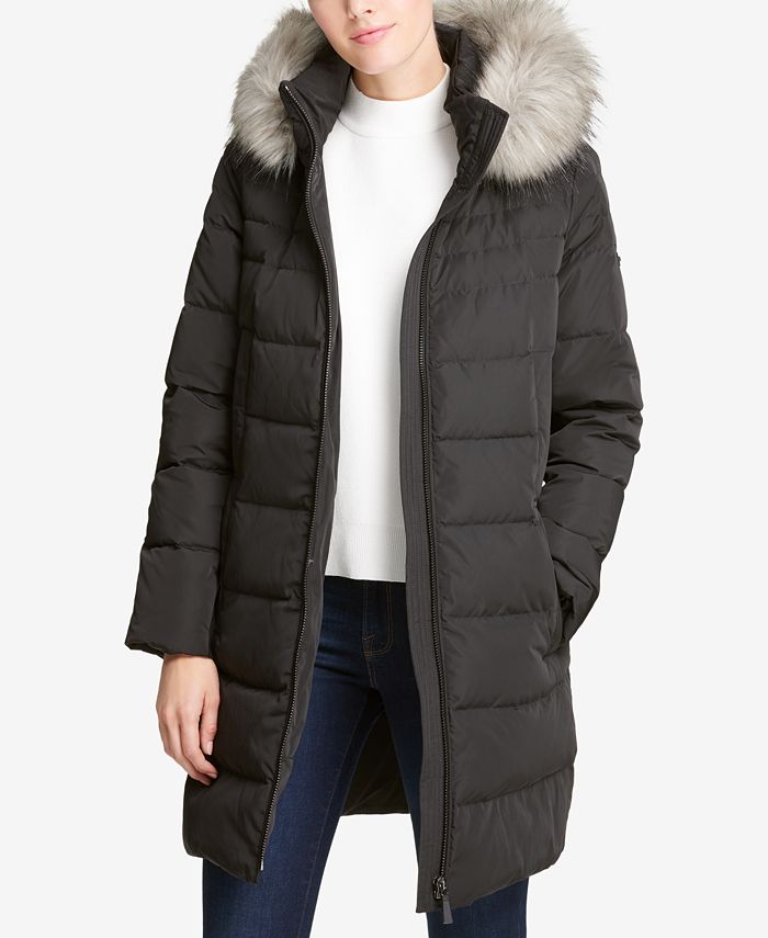 DKNY Petite Faux-Fur-Trim Hooded Puffer Coat, Created for Macy's - Macy's