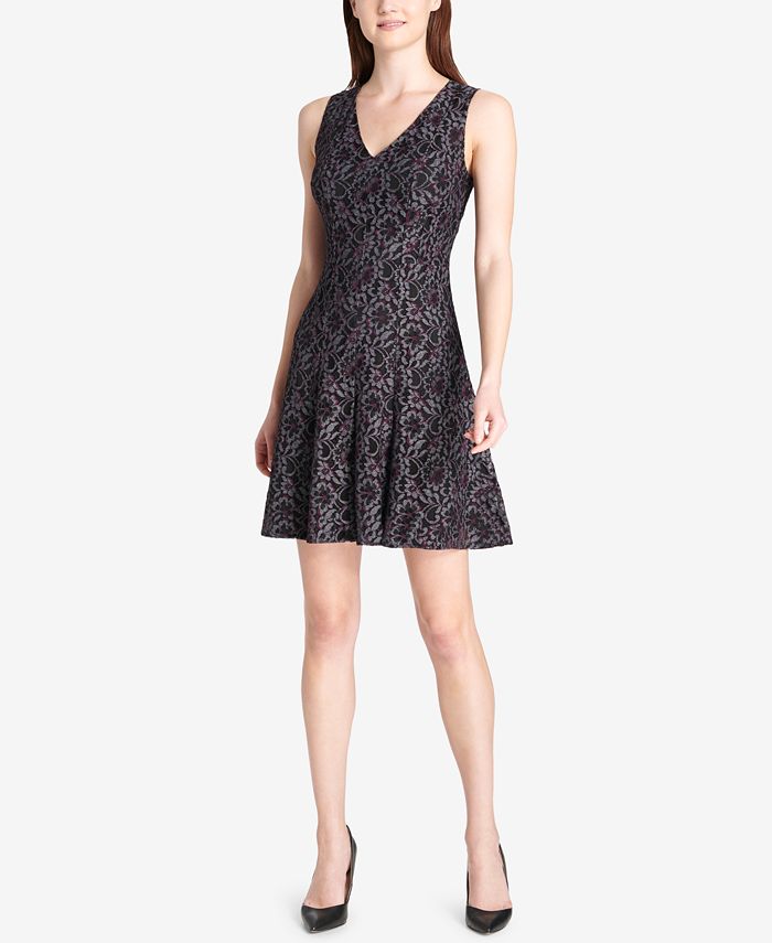 Tommy Hilfiger Women's Plus Metallic Lace Fit Flare Dress Black Size 20W