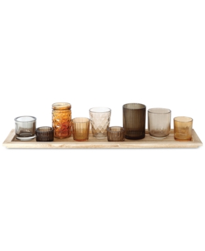 3r Studio Round Glass Votive Holders On Wood Tray, Brown, Set Of 10