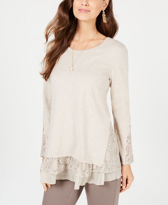 Style u0026 Co Petite Lace-Trimmed Long-Sleeve Top, Created for Macy's - Macy's