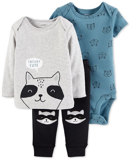 Carter S Baby Boys 3 Pc Sneaky Cute Raccoon Cotton Top Bodysuit Pants Set Reviews Sets Outfits Kids Macy S