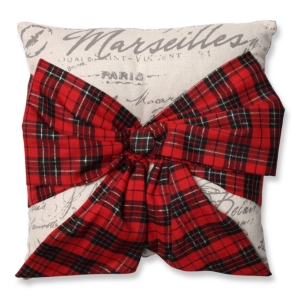 Pillow Perfect Holiday Plaid Bowknot 16.5" Throw Pillow In Off-white