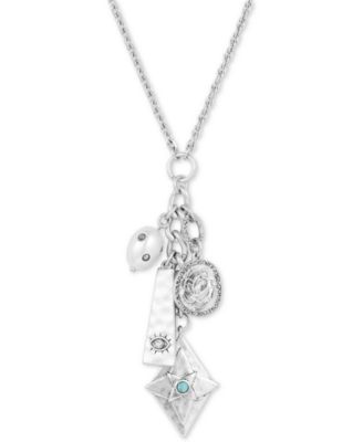 Lucky Brand - Silver-Tone Crystal, Stone & Imitation Pearl Evil Eye Multi-Charm Pendant Necklace, 22" + 2" extender