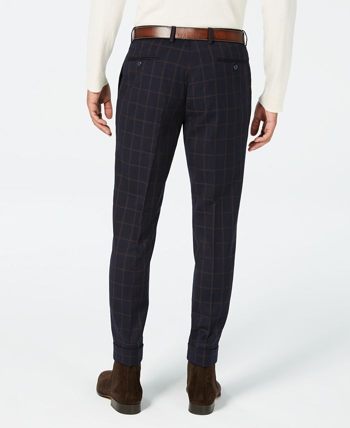 Tallia Men's Slim-Fit Navy/Brown Windowpane Cropped Wool Suit Pants ...