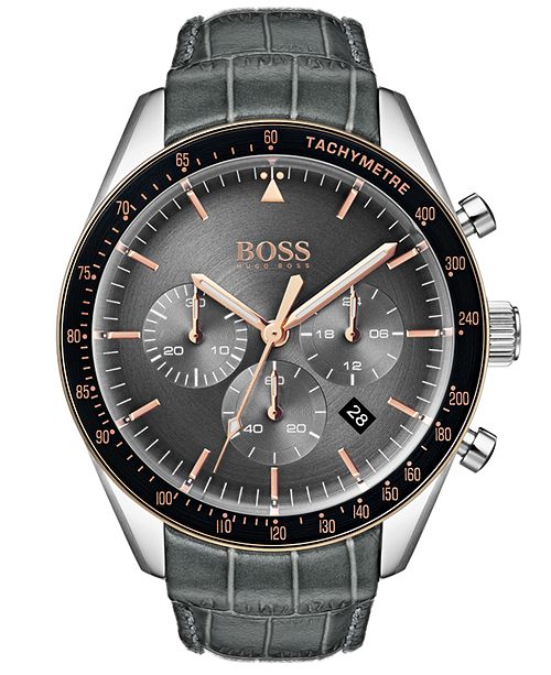 Boss Hugo Boss Men S Chronograph Trophy Gray Leather Strap Watch 44mm Reviews All Fine Jewelry Jewelry Watches Macy S