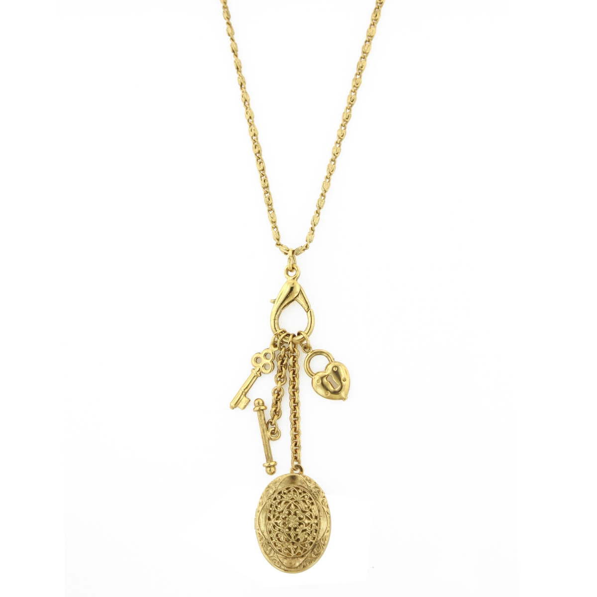 2028 Gold-tone Key, Heart And Oval Filigree Locket Charm Necklace 26