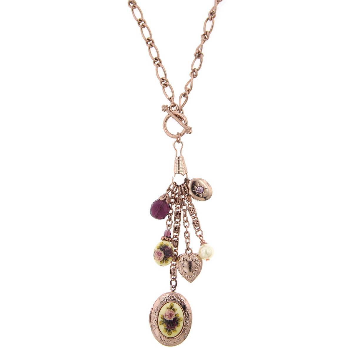 2028 Rose Gold-tone Purple Crystal Heart And Locket Charm Toggle Necklace 20" In Multi