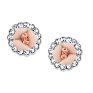 image of 2028 Silver-Tone Crystal and Pink Porcelain Rose Button Earrings