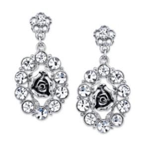 image of 2028 Silver-Tone Crystal Oval Flower Drop Earrings