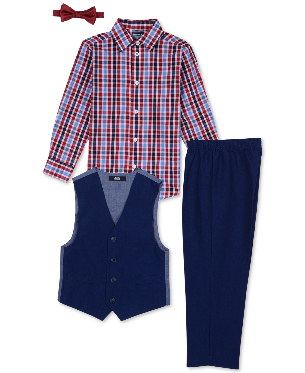 Nautica Toddler and Little Boys 4-Pc. Machine Washable Check-Print Shirt, Vest, Pants & Bowtie Set
