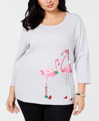 Karen Scott - Plus Size Cotton Hoiday Flamingo Top