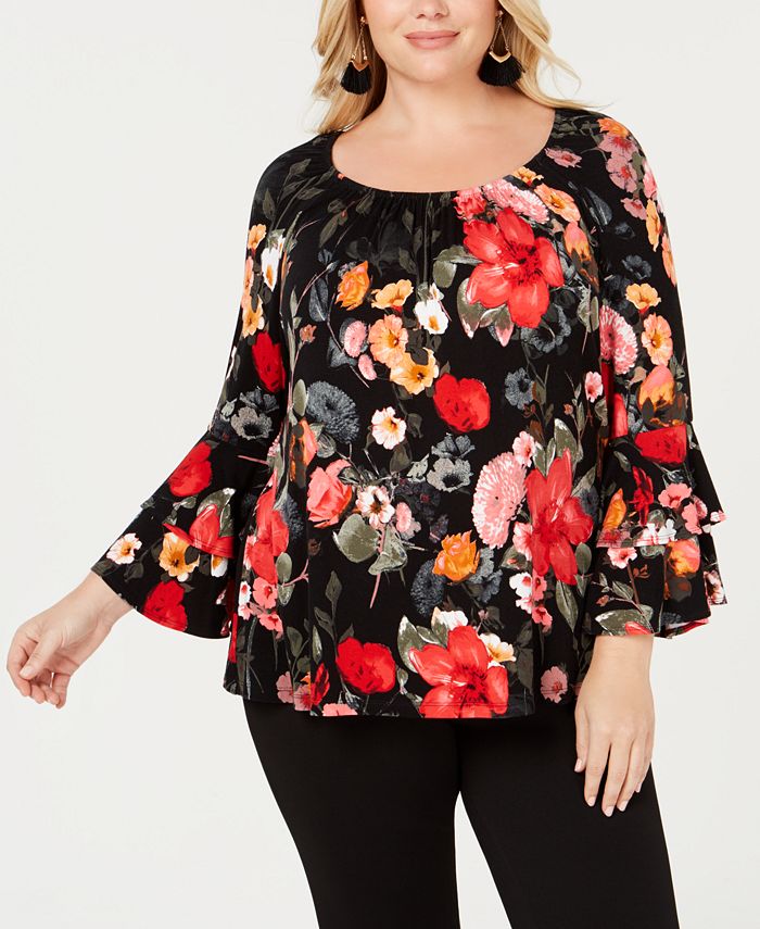 INC International Concepts I.N.C. Plus Size Bell-Sleeve Ruffle Top ...