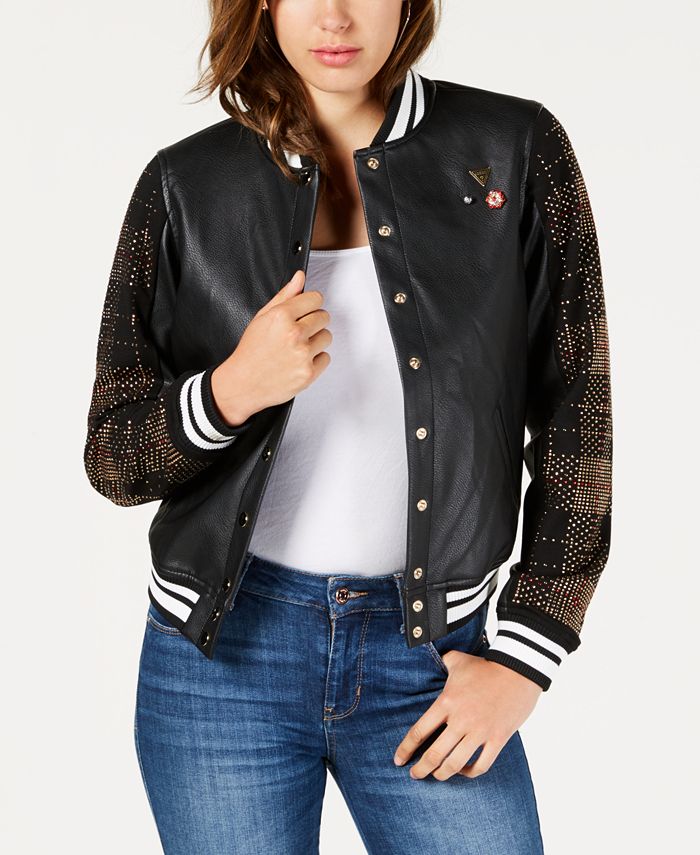 GUESS Lexia Embellished Faux-Leather Varsity Jacket - Macy's