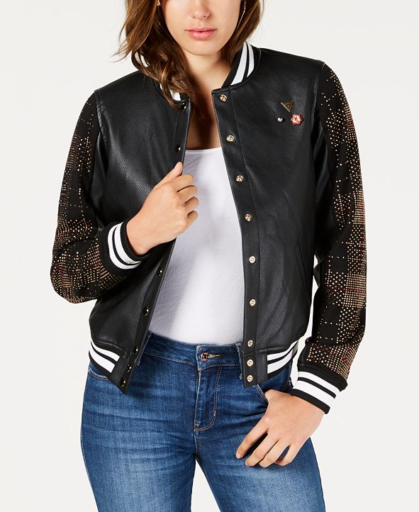 GUESS Lexia Embellished Faux-Leather Varsity Jacket & Reviews - Jackets ...