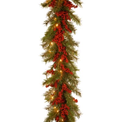 National Tree Company - National Tree 9' X 14" Decorative Collection Valley Pine Garland with Red Berries and 50 Soft White Battery Operated LEDs with Timer