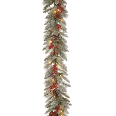National Tree Company - 9'x12" Feel Real&reg; Snowy Bristle Berry Garland with Red Berries, Mixed Cones & 50 Clear Lights