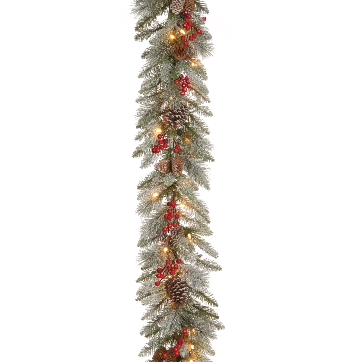9'x12" Feel Real Snowy Bristle Berry Garland with Red Berries, Mixed Cones & 50 Clear Lights - Green