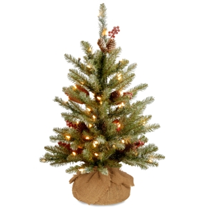 National Tree Company 3' Dunhill Fir Small Tree with Red Berries Snow Cones & Battery Operated Led Lights