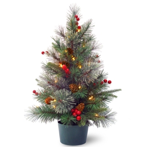 National Tree Company 2' Feel Real(R) Colonial Small Wrapped Tree with Red Berries Cones & 35 Warm White Battery Operated Led Lights w/Timer