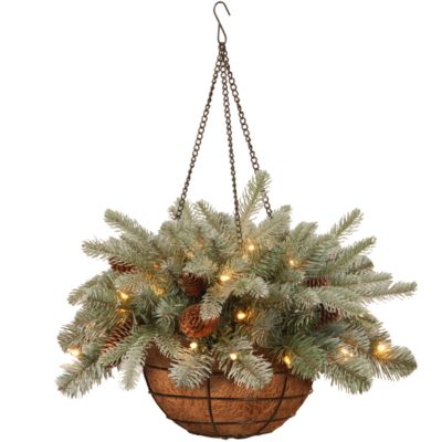 National Tree Company National Tree 20" "Feel Real" Frosted Artic Spruce Hanging Basket with Cones and 35 Warm White Battery Operated LED Lights with Timer