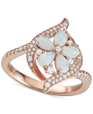 image of Opal (1-1/10 ct. t.w.) & Diamond (1/3 ct. t.w.) Flower Ring in 14k Rose Gold