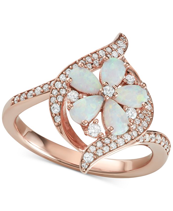 Macy's - Opal (1-1/10 ct. t.w.) & Diamond (1/3 ct. t.w.) Flower Ring in 14k Rose Gold