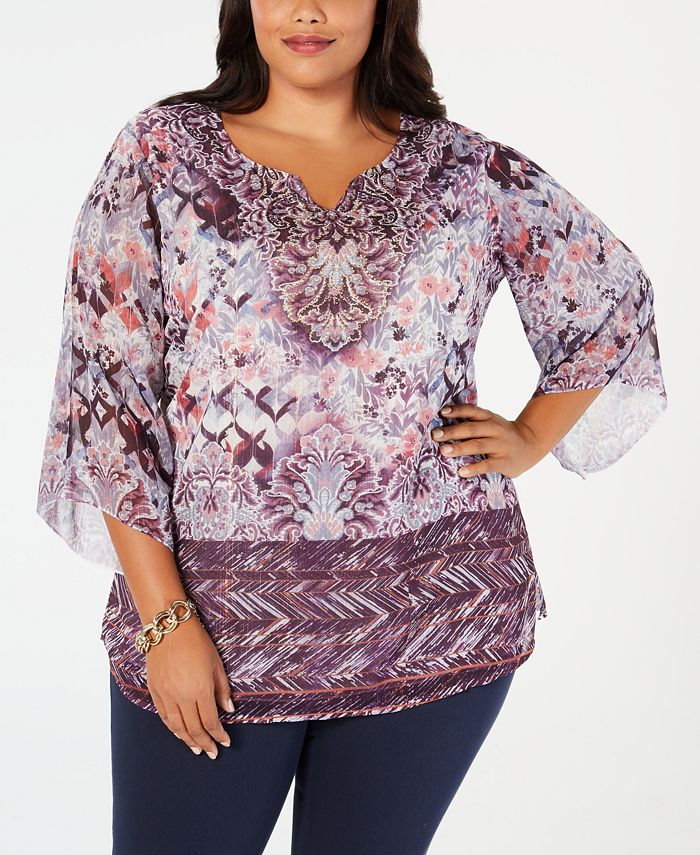 JM Collection Plus Size Embellished Printed Top, Created for Macy's ...