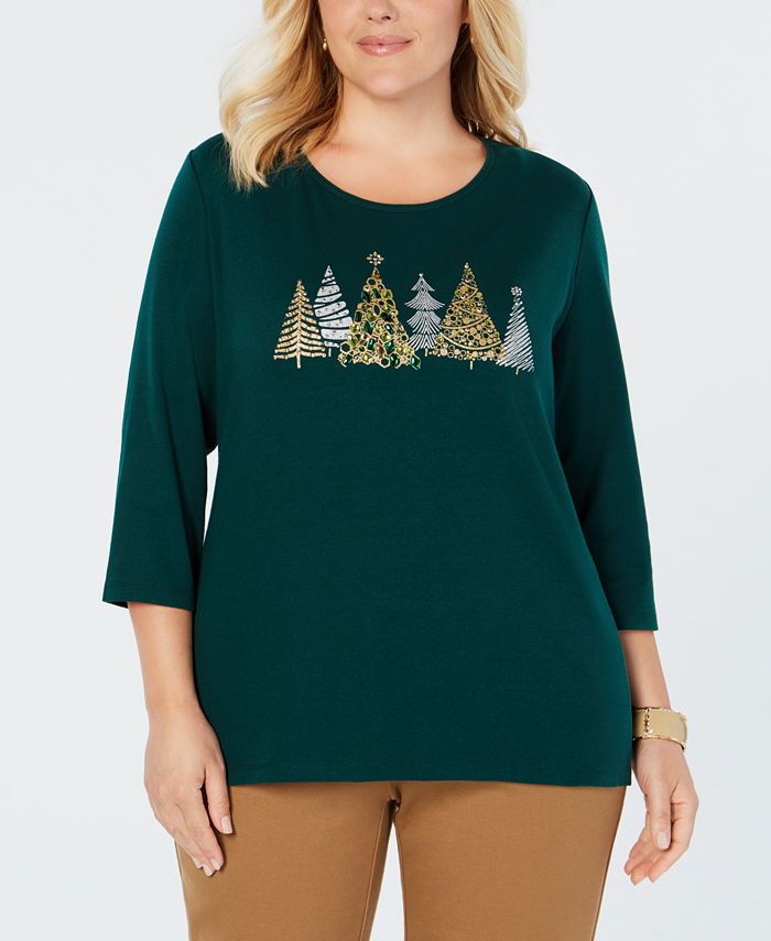 Karen Scott Plus Size Cotton Holiday Tree TShirt, Created for Macy's