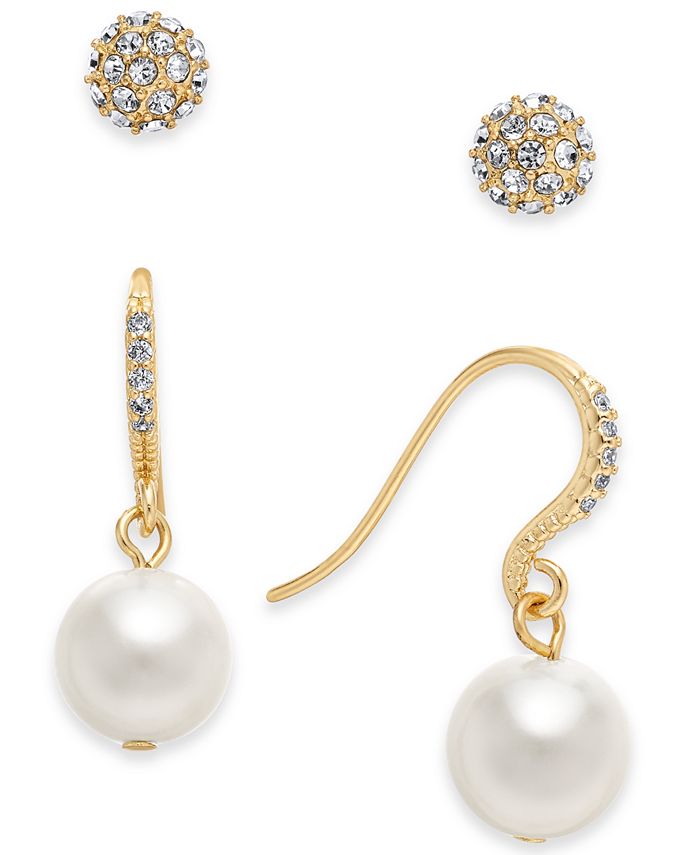 Charter Club Gold-Tone Imitation Pearl and Crystal Pavé Earring Set ...