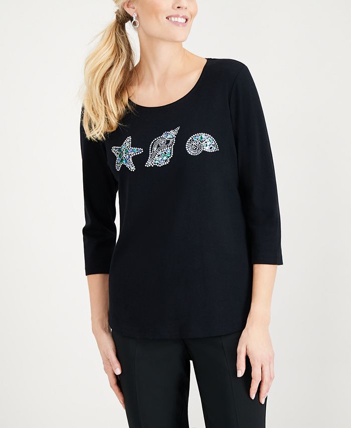 Karen Scott Womens Striped Seashell T Shirt Black Size Xs
