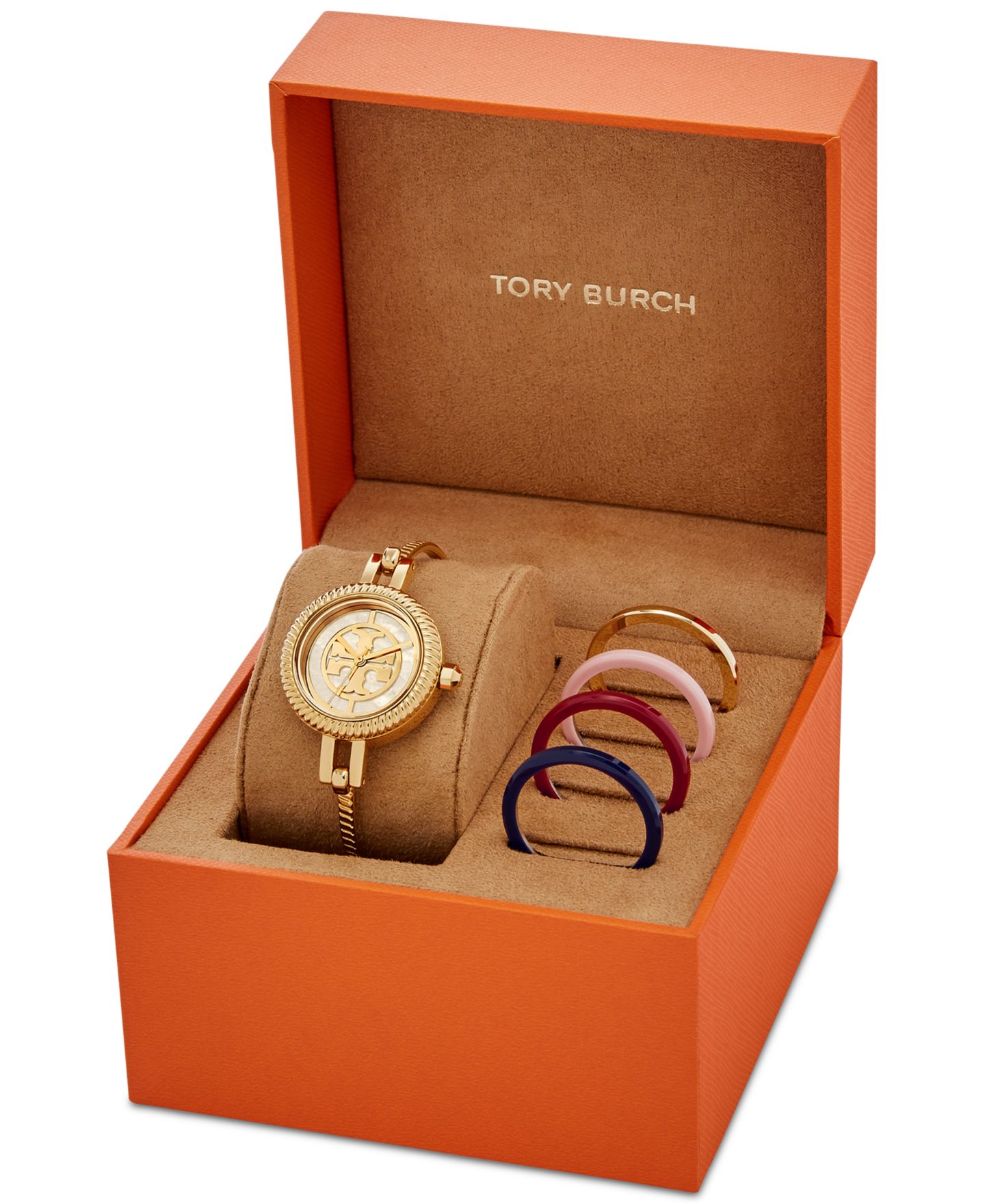 Женские часы Tory Burch Reva Gold-Tone Stainless Steel Bangle Bracelet Watch 27mm Gift Set — фото 2