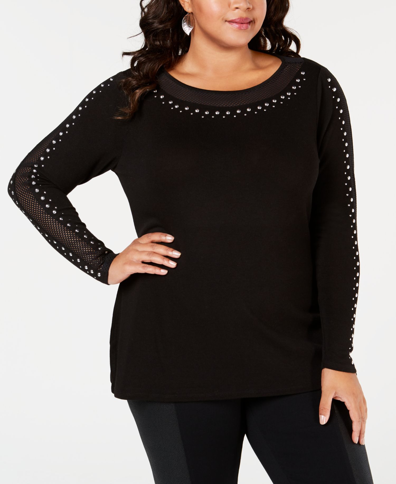 Plus Size Studded Mesh-Inset Tunic Sweater