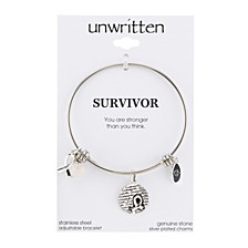 "Survivor" Breast Cancer Awareness Bangle Bracelet in Stainless Steel Silver Plated Charms