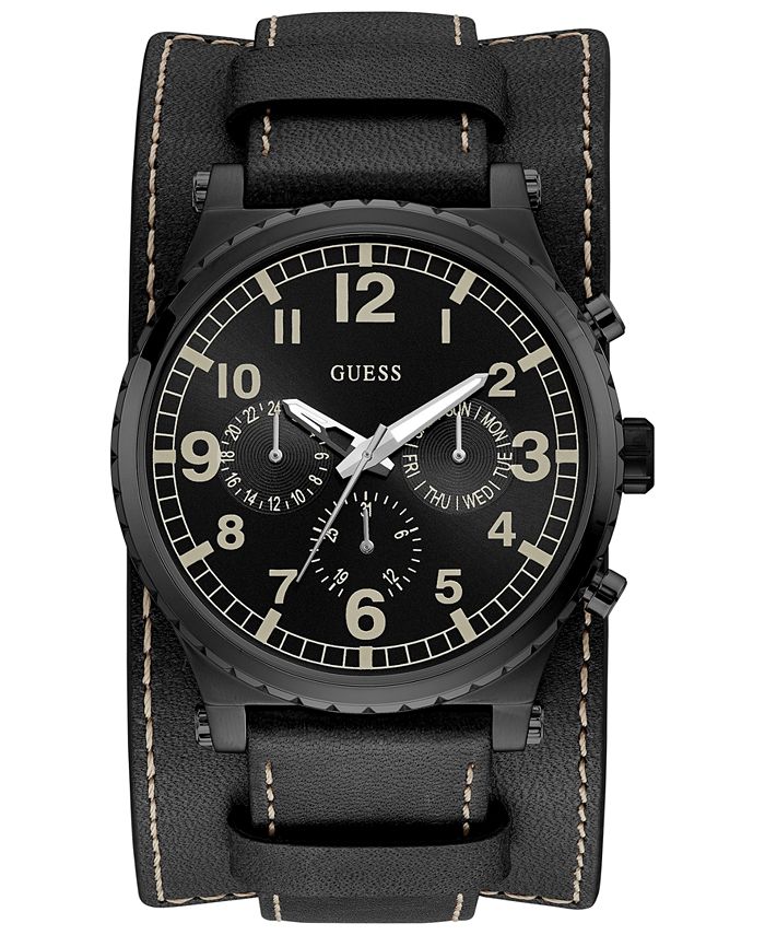 GUESS Men's Black Leather Cuff Strap Watch 46mm Macy's
