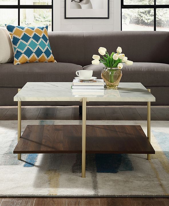 Walker Edison 32 inch Square Coffee Table in Faux Marble and Gold ...