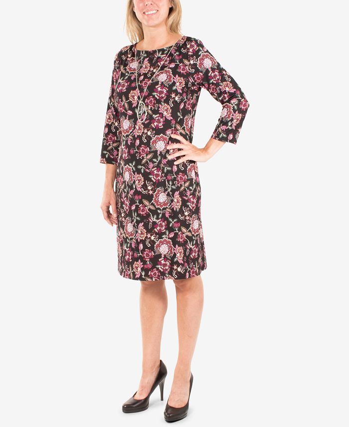NY Collection Petite Printed Jacquard Necklace Dress - Macy's