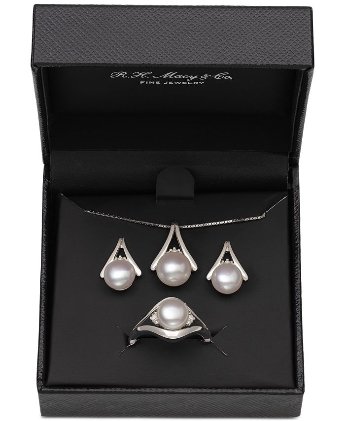 Belle de Mer - 3-Pc. Set Cultured Freshwater Pearl (7 & 8mm) & Diamond Accent Pendant Necklace, Stud Earrings & Ring in Sterling Silver