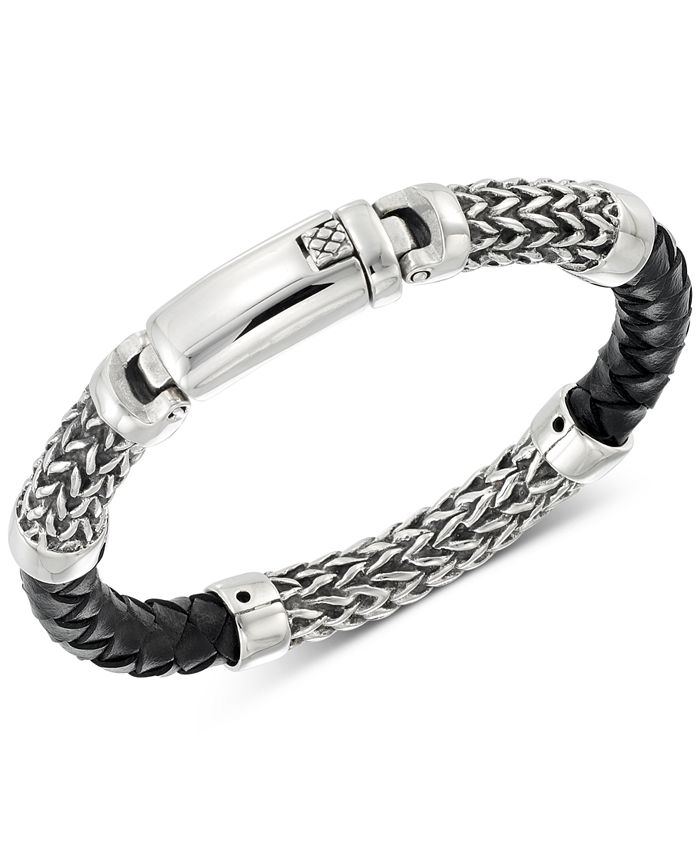 LEGACY for MEN by Simone I. Smith - Black Leather Bracelet in Stainless Steel
