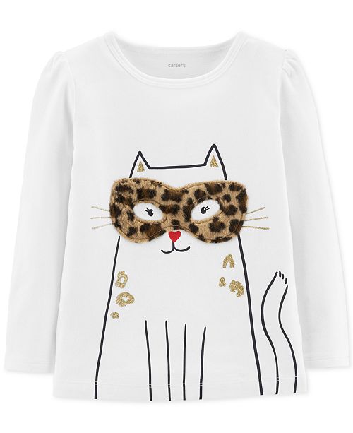 Carter S Toddler Girls Cat Print T Shirt With Faux Fur Trim