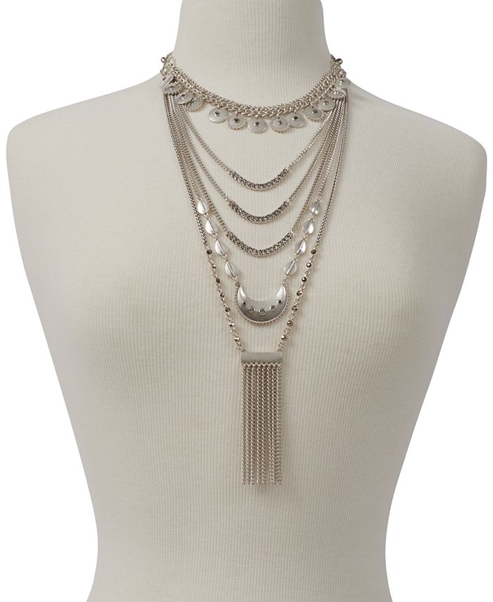 Lucky Brand Silver-Tone Crystal & Chain Fringe Layered Statement ...