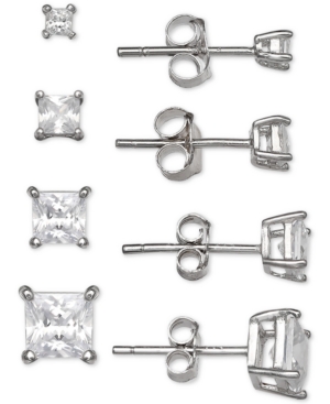 image of Giani Bernini 4-Pc. Set Cubic Zirconia Princess Stud Earrings in Sterling Silver, Created for Macy-s