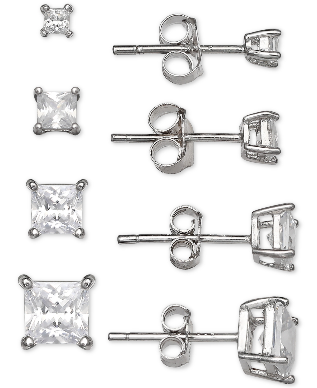 4-Pc. Set Cubic Zirconia Princess Stud Earrings in Sterling Silver, Created for Macy's - Silver