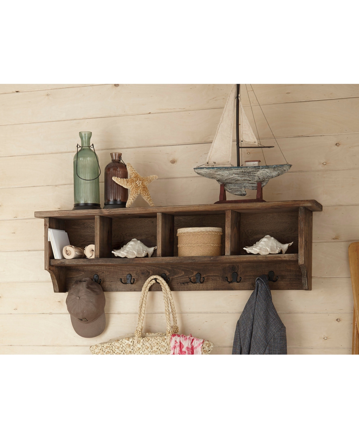 Modesto Wood Entryway Wall Coat Hooks with Storage Cubbies