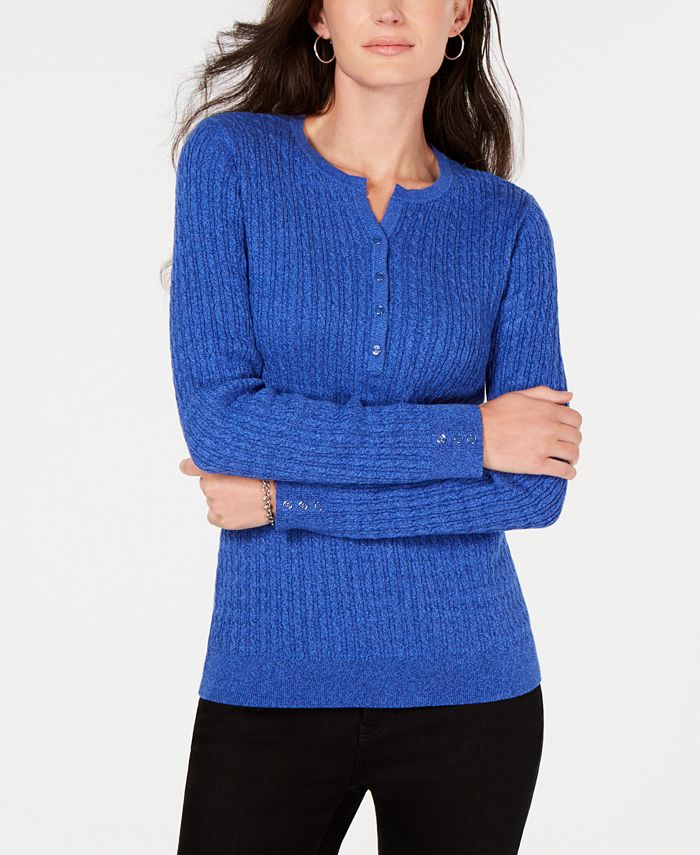 Karen Scott Petite Cotton CableKnit Henley Sweater, Created for Macy's