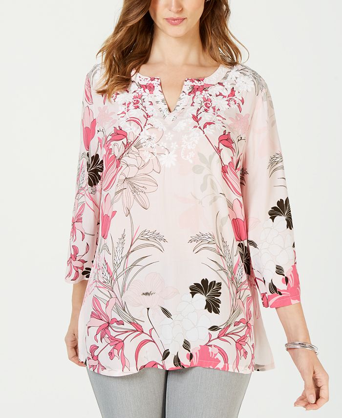 Charter Club Petite Floral-Print Embellished Top, Created for Macy's ...