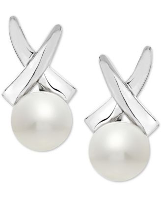 Macy's - Cultured Freshwater Pearl (7-1/2mm) Crisscross Stud Earrings in Sterling Silver